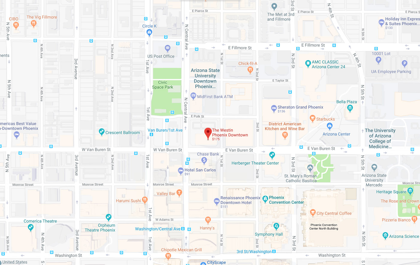 westin downtown phoenix location map