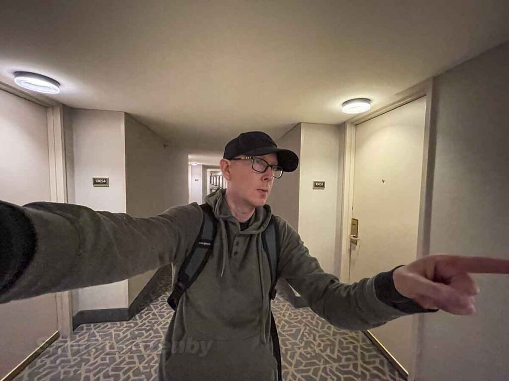 Scott walking through the hallways of the Chicago airport Hilton hotel