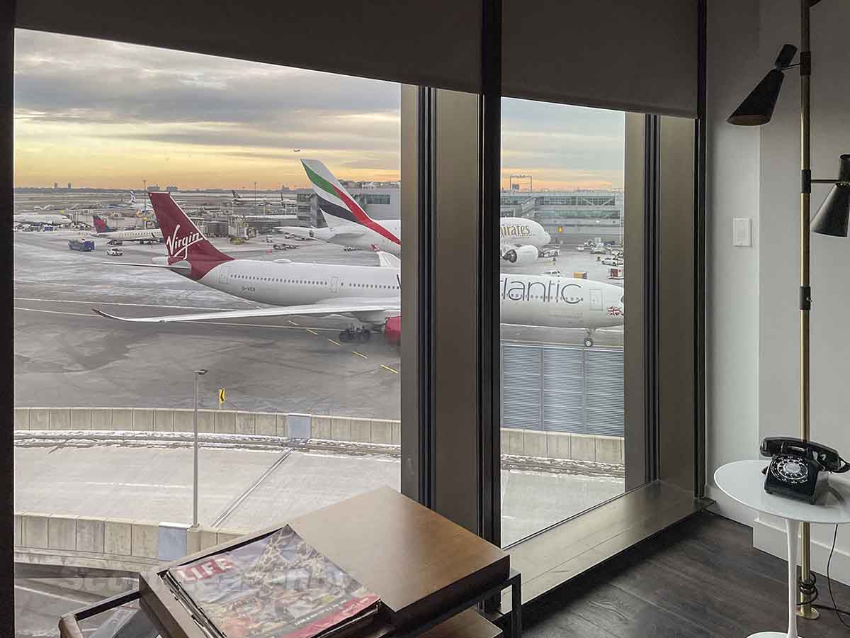 Vew of Emirates and Virgin Atlantic airplanes from the TWA Hotel Howard Hughes suite