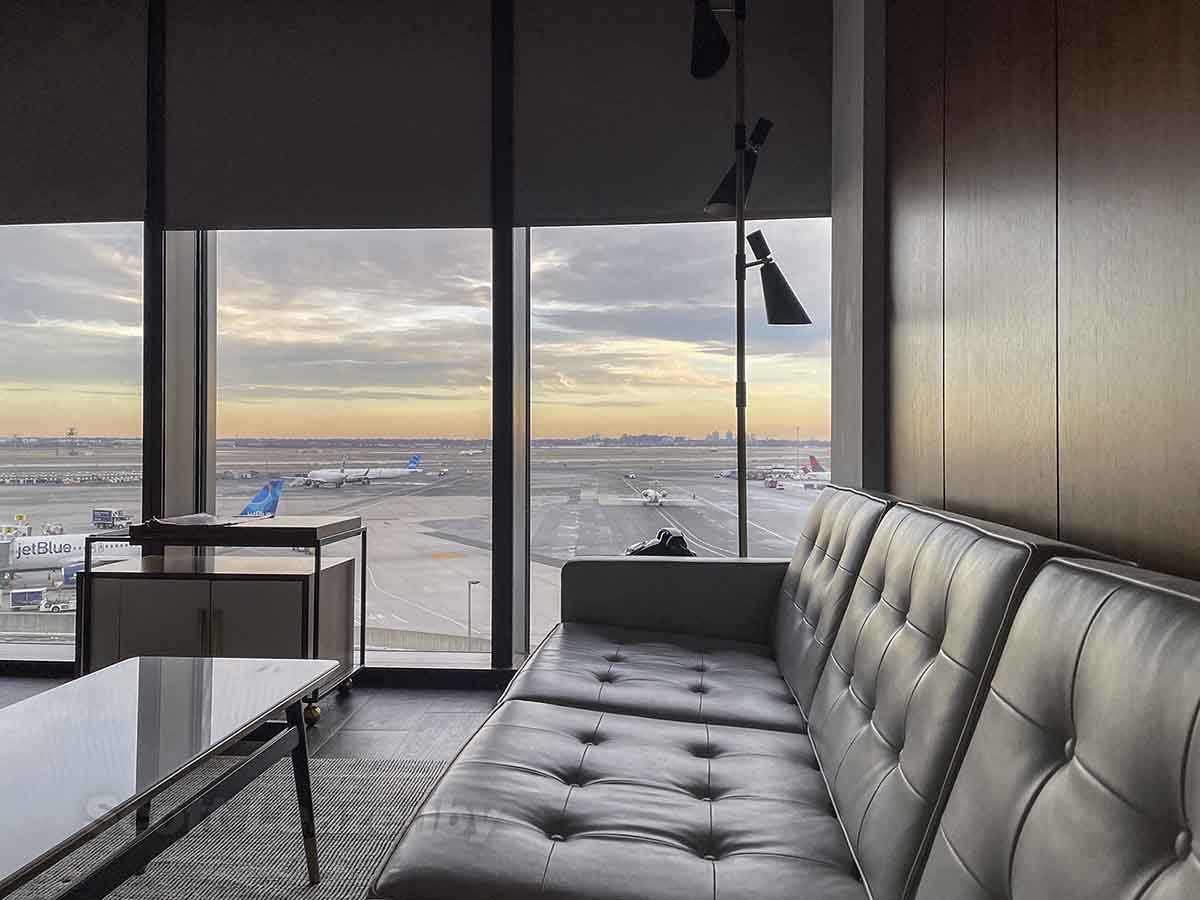 View of Airport while sitting on couch in TWA hotel Howard Hughes suite