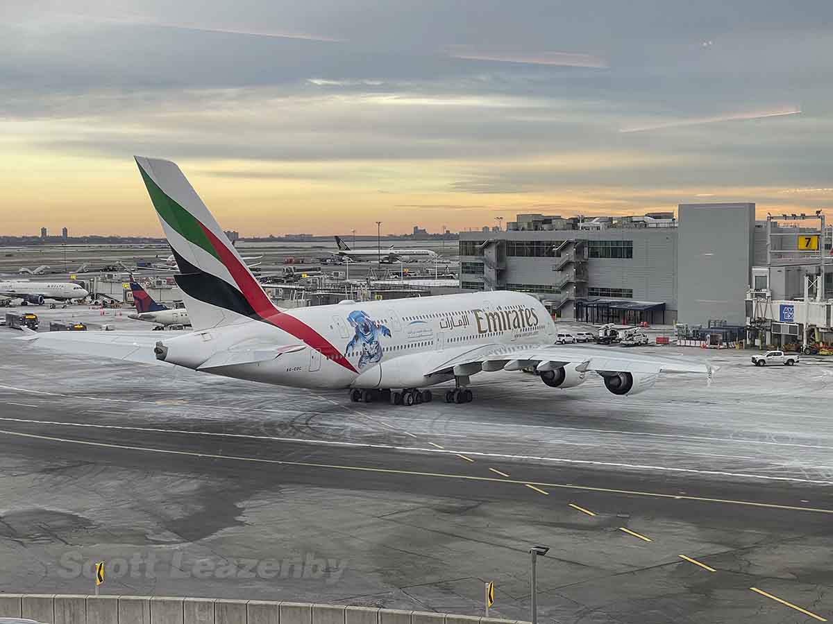 View of emirates A380 from Howard Hughes suite at the TWA hotel