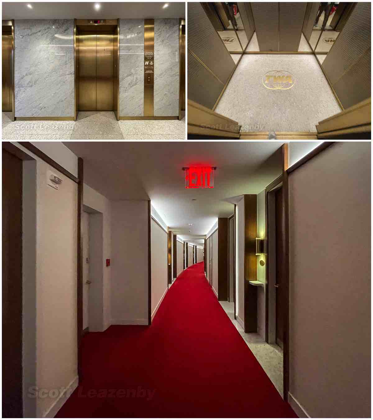 Twa hotel elevators and a guest room hallway