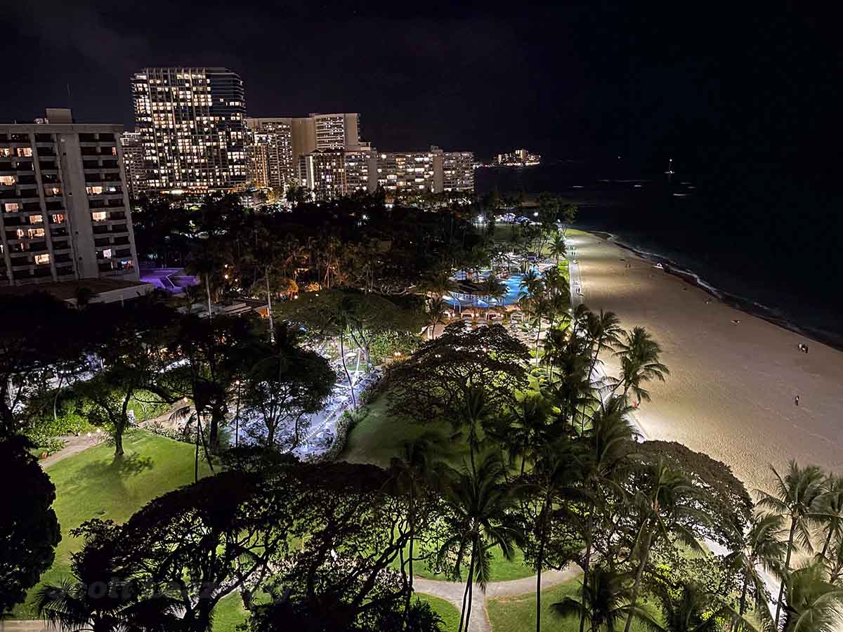 View of Waikiki beach at night