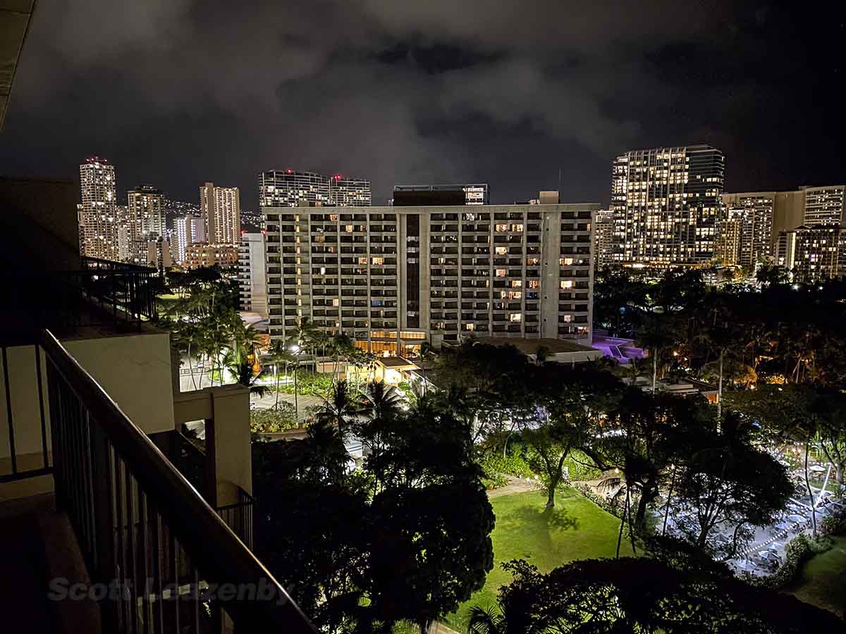 View of Waikiki buildings at night